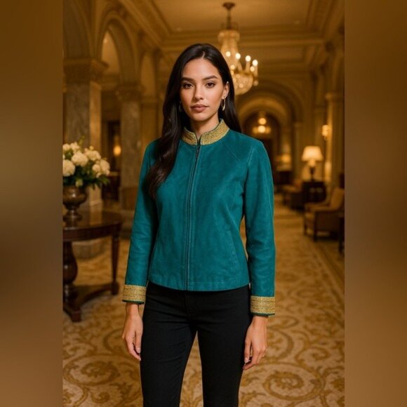 VTG JDS Collection Teal Suede Zip Jacket Gold Trim Women’s Size Small Elegant - Picture 13 of 13
